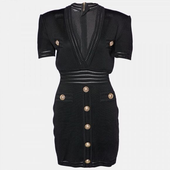 Balmain Black Pique Knit V-Neck Bodycon Mini Dress NWT 38 - Picture 1 of 12